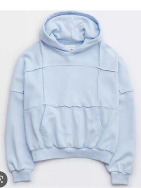 Aerie Light Blue Grey Oversized Sherpa Patchwork Hoodie